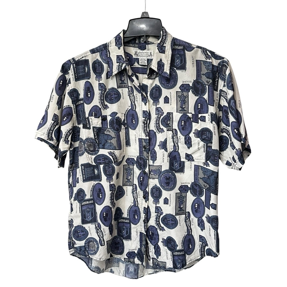 Vintage Whistles 100% Silk Button-Down Shirt Women's Size Medium Short Sleeve
